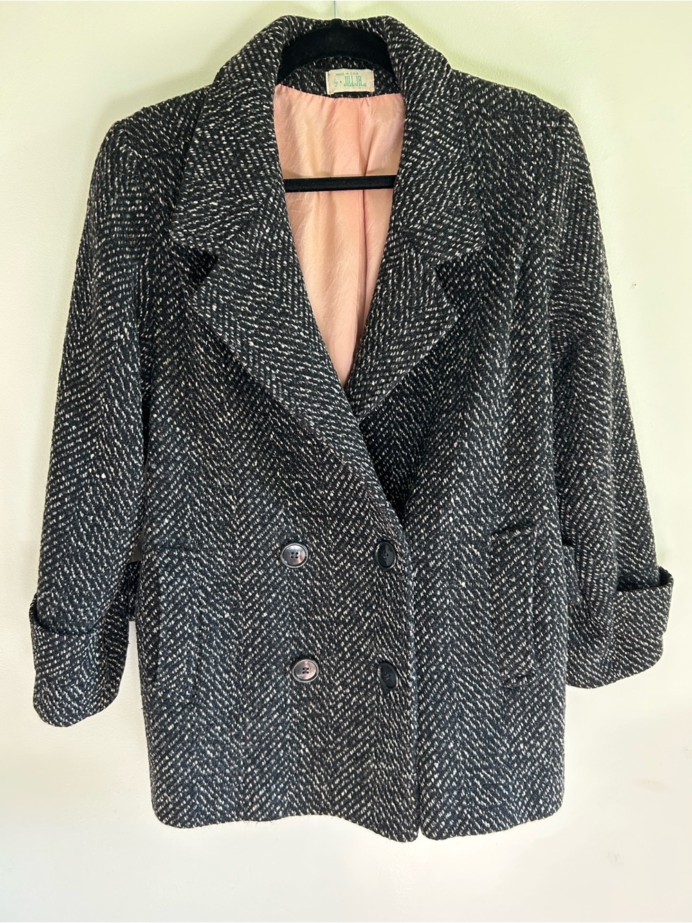 Vintage Jill Jr. Black White Herringbone Double-Breasted Pea Coat Size S/M